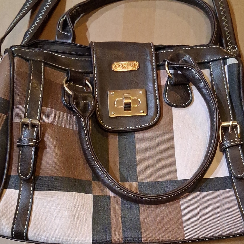 Coach Brown Plaid Tote with Gold Hardware